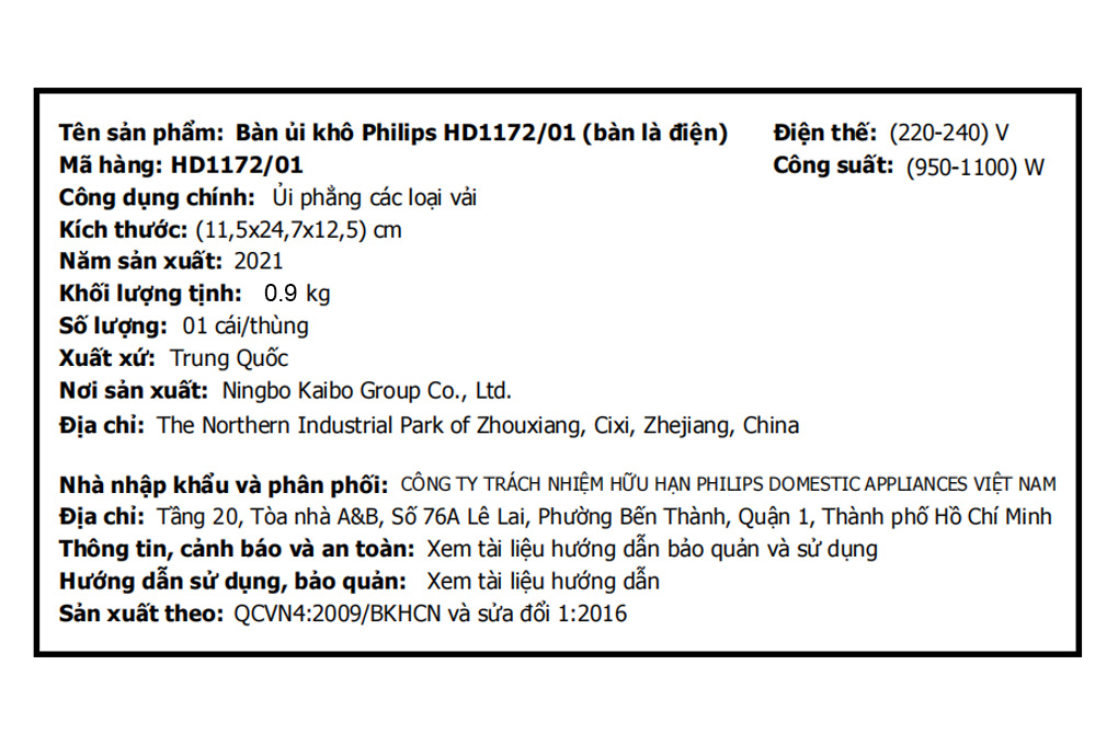 Bàn ủi khô Philips HD1172 1100W Màu Đen - Xám