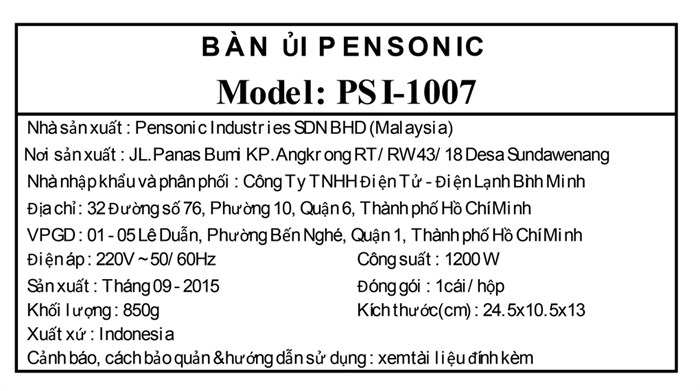 Bàn ủi hơi nước Pensonic PSI-1007 1200W Màu Hồng phấn