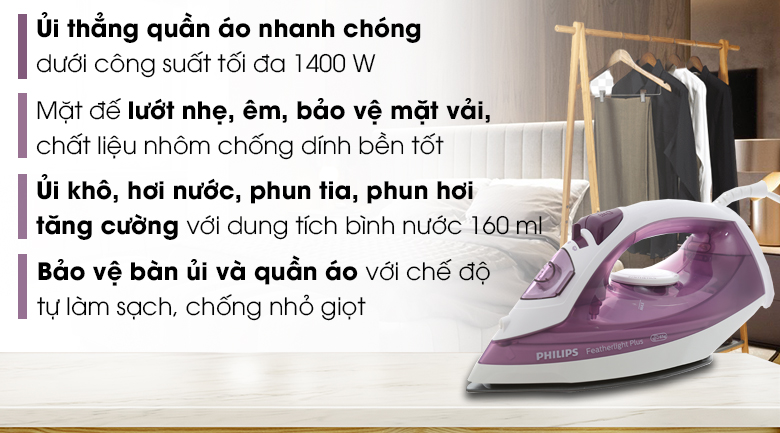 Bàn ủi hơi nước Philips GC1426/37 Tím