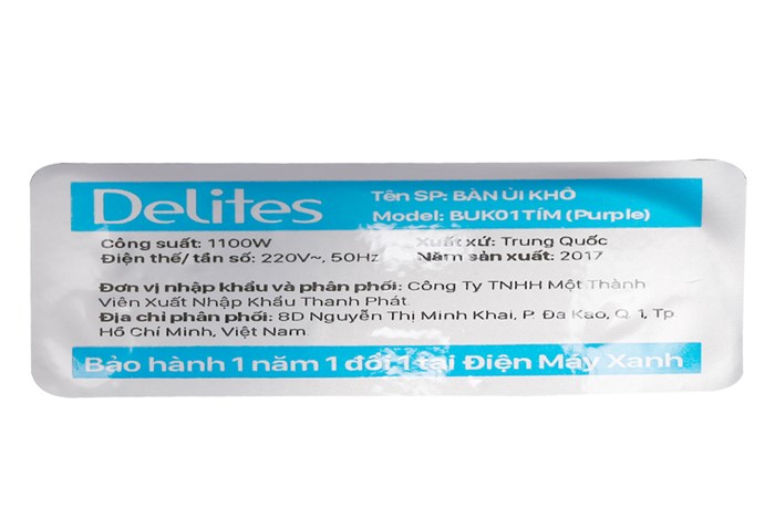 Bàn ủi khô Delites BUK01 1100W Màu Tím