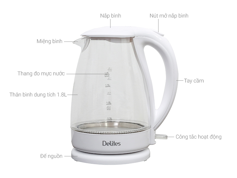 Bình đun siêu tốc Delites 1.8 lít ST18G02