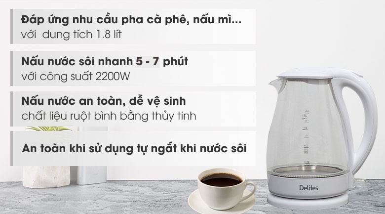 Bình đun siêu tốc Delites 1.8 lít ST18G02