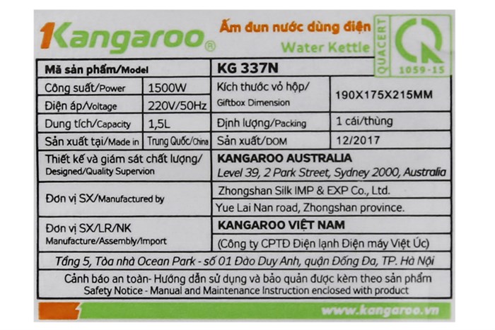 Bình đun siêu tốc Kangaroo 1.5 lít KG337N Màu Inox