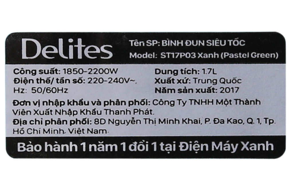 Siêu thị bình đun siêu tốc Delites 1.7 lít ST17P03 Xanh