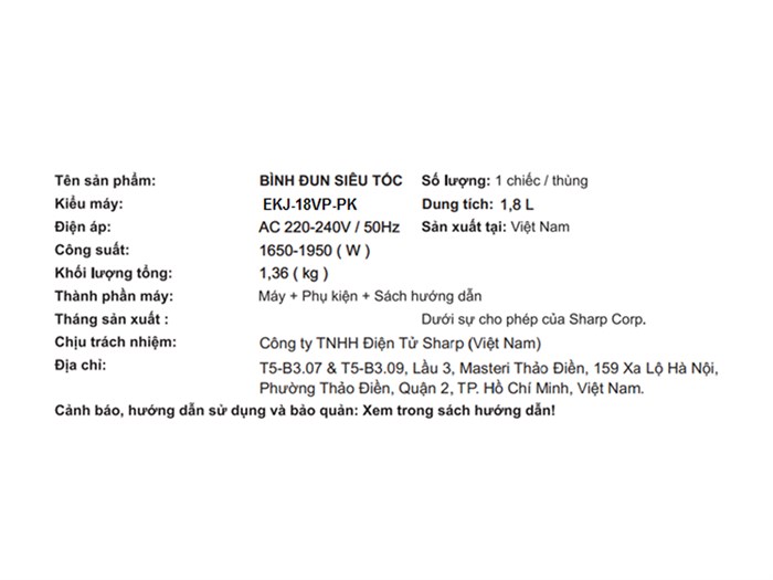 Bình đun siêu tốc Sharp 1.8 lít EKJ-18VP-PK Màu Hồng