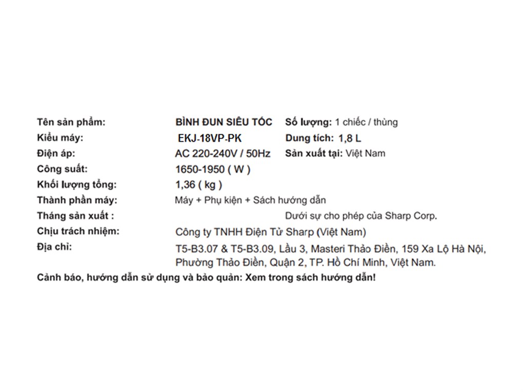 Bình đun siêu tốc Sharp 1.8 lít EKJ-18VP-PK Màu Hồng