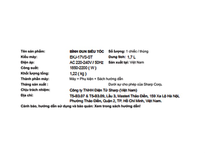 Bình đun siêu tốc Sharp 1.7 lít EKJ-17VS-ST Màu Inox