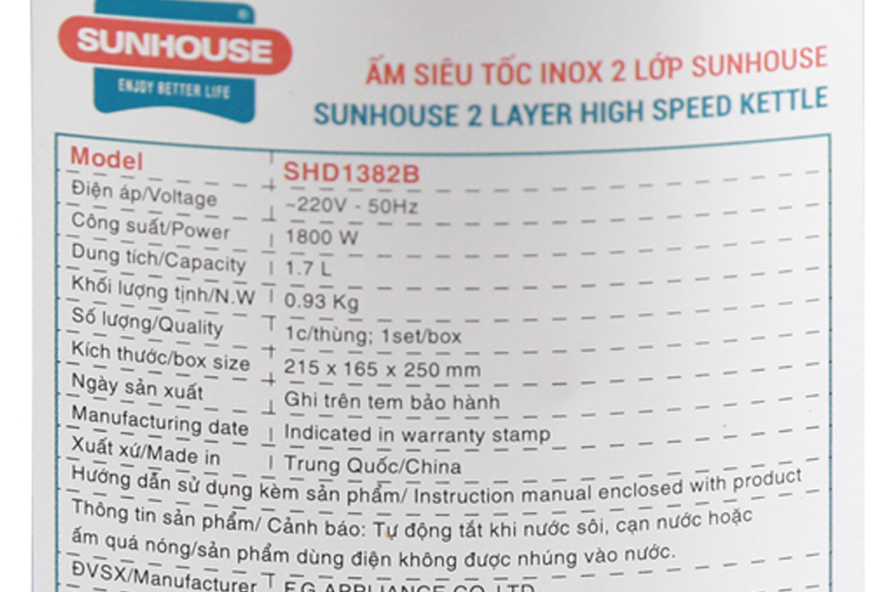 Bình đun siêu tốc Sunhouse SHD1382B-3