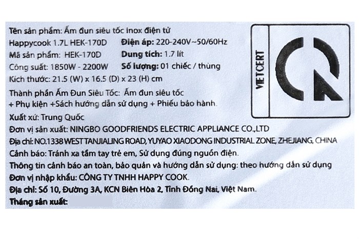 Bình đun siêu tốc Happycook 1.7 lít HEK-170D Màu Inox