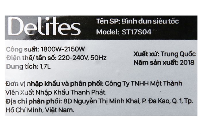 Bình đun siêu tốc Delites 1.7 lít ST17S04 Màu Inox