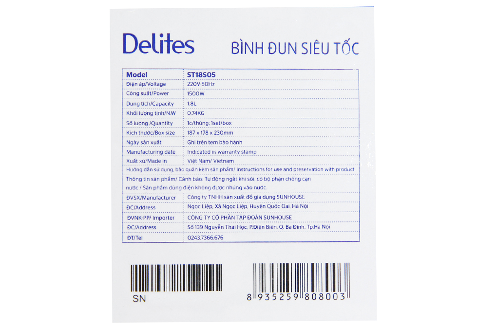 Bình đun siêu tốc Delites 1.8 lít ST18S05 10