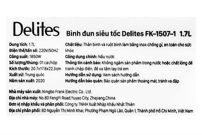 Bình đun siêu tốc Delites 1.7 lít FK-1507-1 Màu Bạc