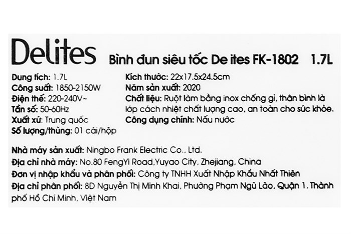 Bình đun siêu tốc Delites 1.7 lít FK-1802 Màu Đen