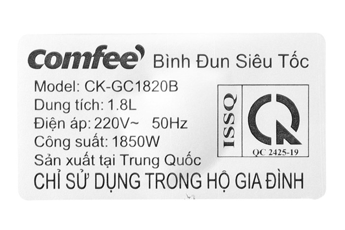 Bình đun siêu tốc Comfee 1.8 lít CK-GC1820B Màu Đen