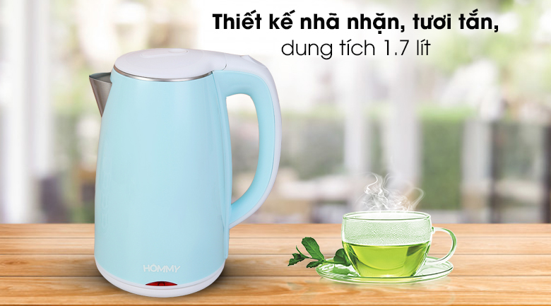 Bình đun siêu tốc Hommy 1.7 lít D1017 - Có vỏ ngoài màu xanh Pastel nhã nhặn, tươi tắn
