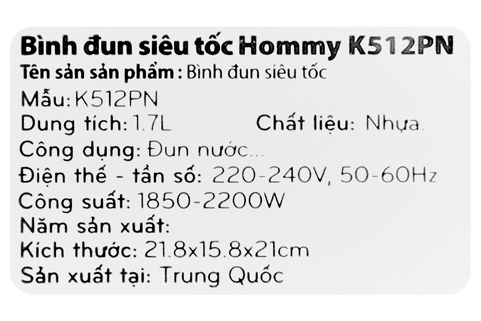 Bình đun siêu tốc Hommy 1.7 lít K512PN Màu Đen