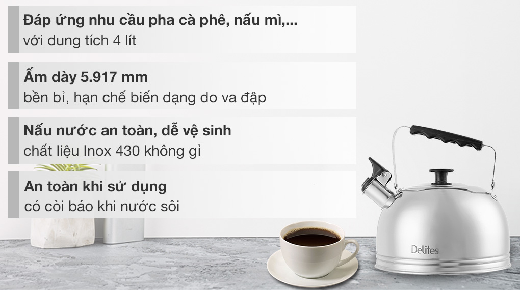 Ấm đun nước inox Delites BR001 4 lít