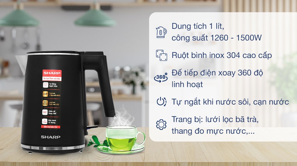 Bình đun siêu tốc Sharp 1 lít EKJ-10DVPS-BK hover