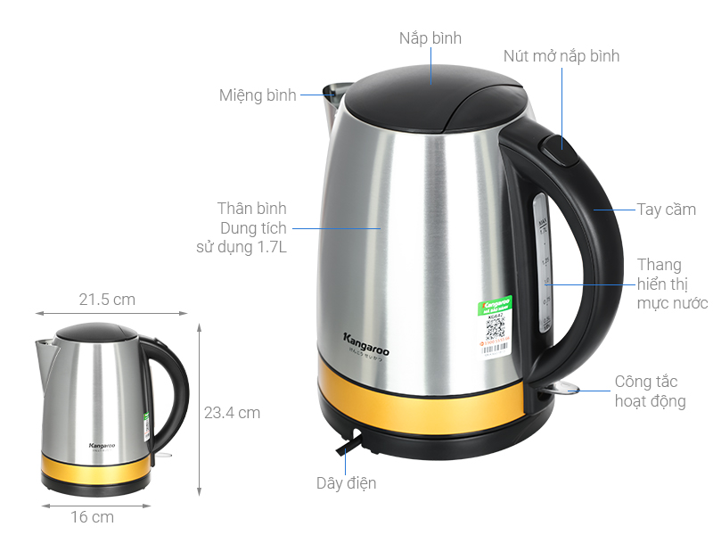 Bình đun siêu tốc Kangaroo 1.7 lít KG642