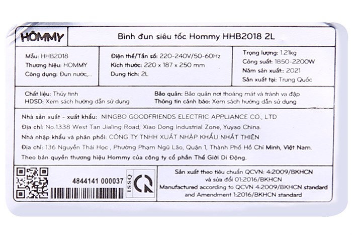 Bình đun siêu tốc Hommy 2 lít HHB2018 Màu Inox