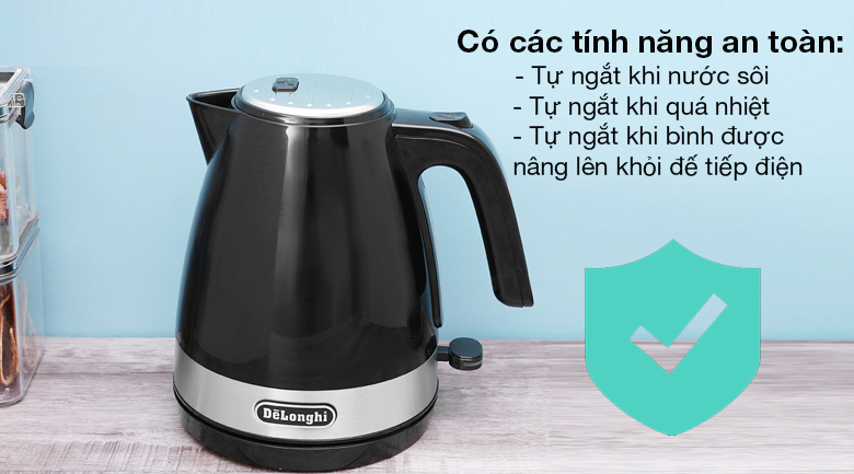 Ấm đun siêu tốc Delonghi 1 lít KBLA2000.BK - Kéo dài tuổi thọ bình với các tính năng an toàn