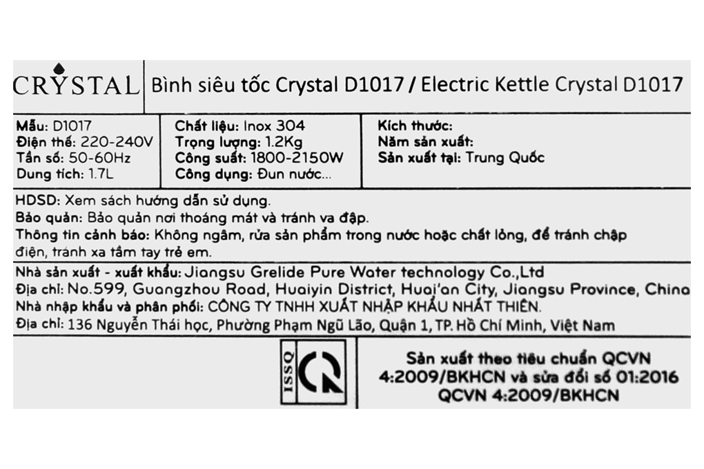 Ấm đun siêu tốc Crystal 1.7 lít D1017 Màu Xanh ngọc