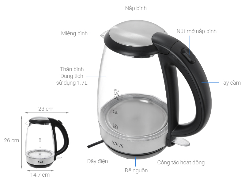Bình đun siêu tốc AVA 1.7 lít KEGS5801B-GS