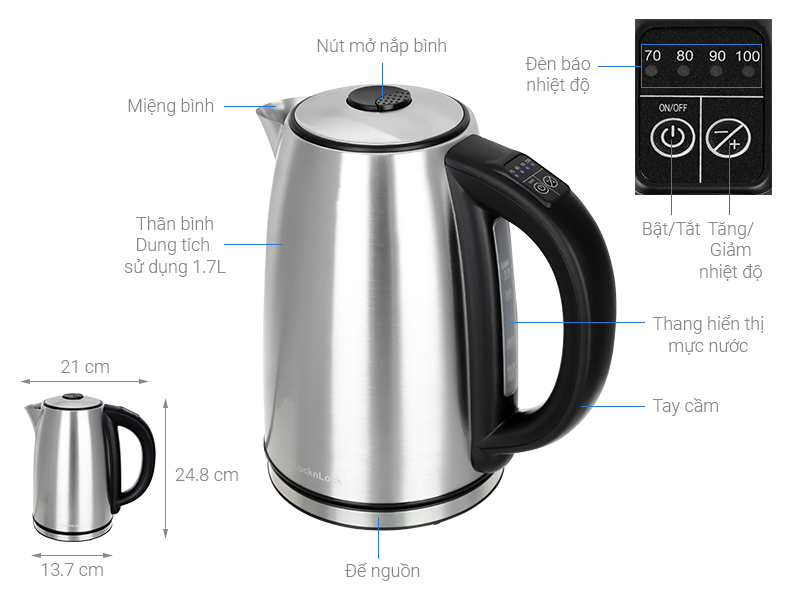 Bình đun siêu tốc Lock&Lock 1.7 lít EJK136SLV