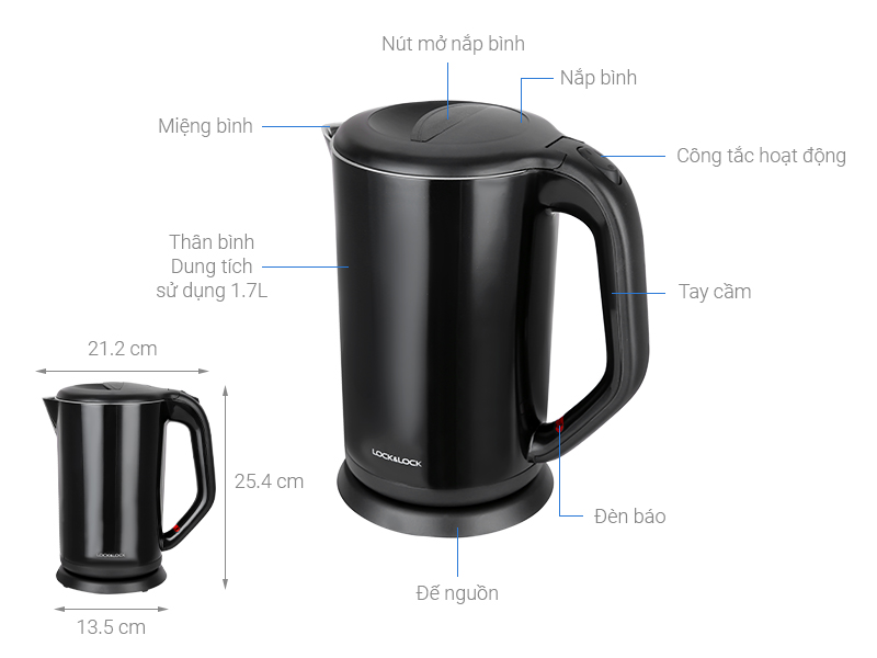 Bình đun siêu tốc Lock&Lock 1.7 lít EJK738BLK