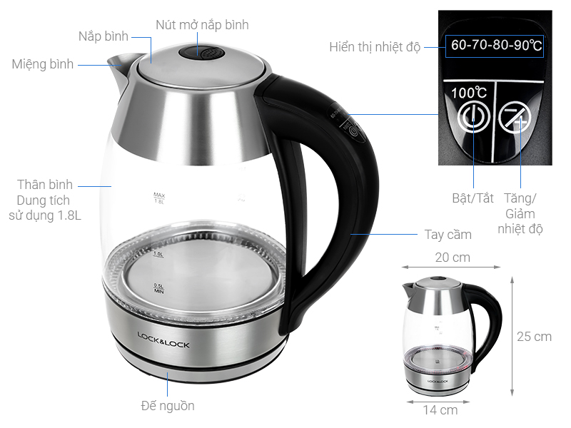 Bình đun siêu tốc Lock&Lock 1.8 lít EJK341