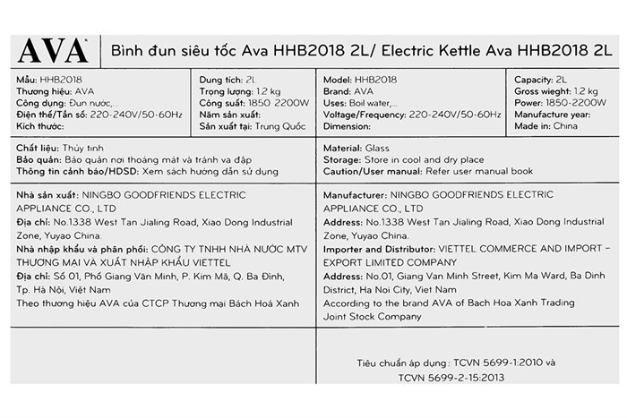 Bình đun siêu tốc AVA 2 lít HHB2018 Màu Inox