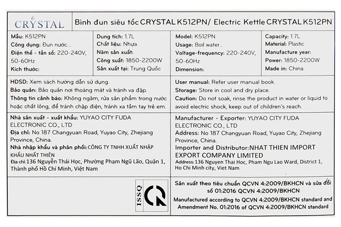 Bình đun siêu tốc Crystal 1.7 lít K512PN Màu Đen