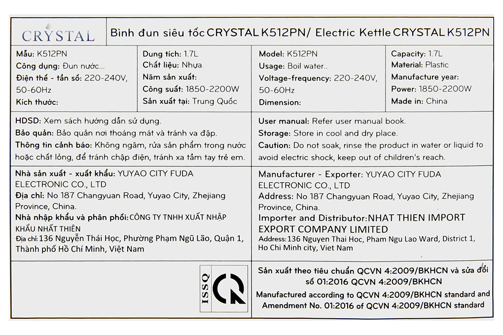 Bình đun siêu tốc Crystal 1.7 lít K512PN Màu Đen