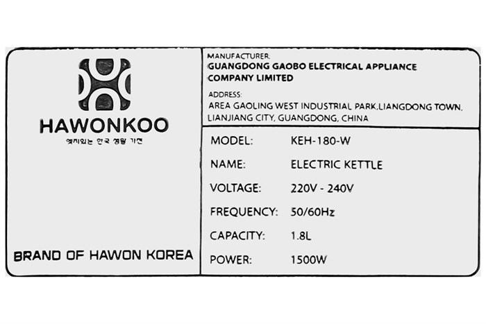 Bình đun siêu tốc Hawonkoo 1.8 lít KEH-180-W Màu Trắng