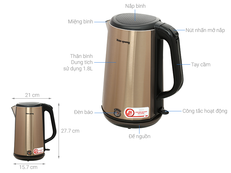 Bình đun siêu tốc Điện Quang 1.8 lít ĐQ EKT08 1818 GO