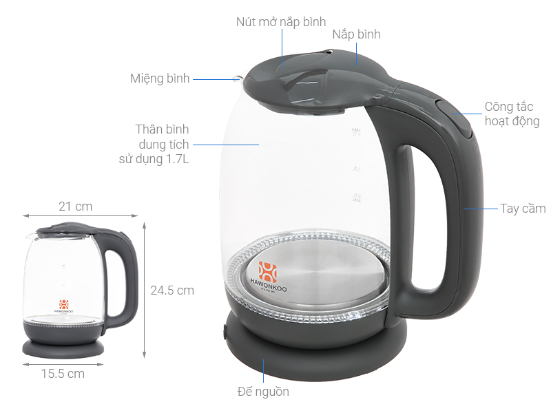Bình đun siêu tốc Hawonkoo 1.7 lít KEH-170-GR