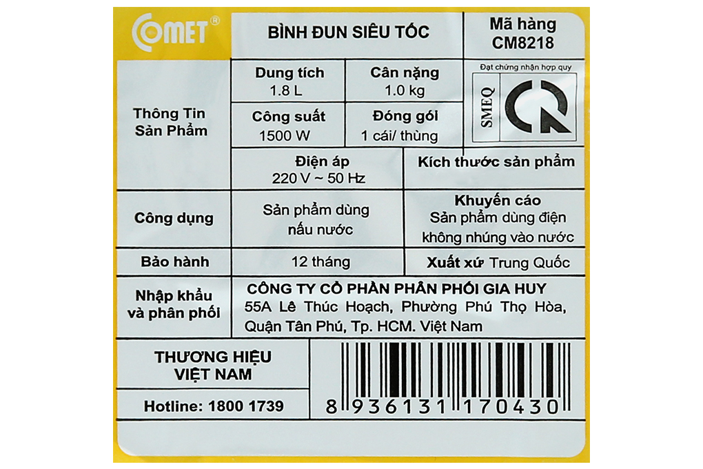Bình đun siêu tốc Comet 1.8 lít CM8218 Màu Xanh