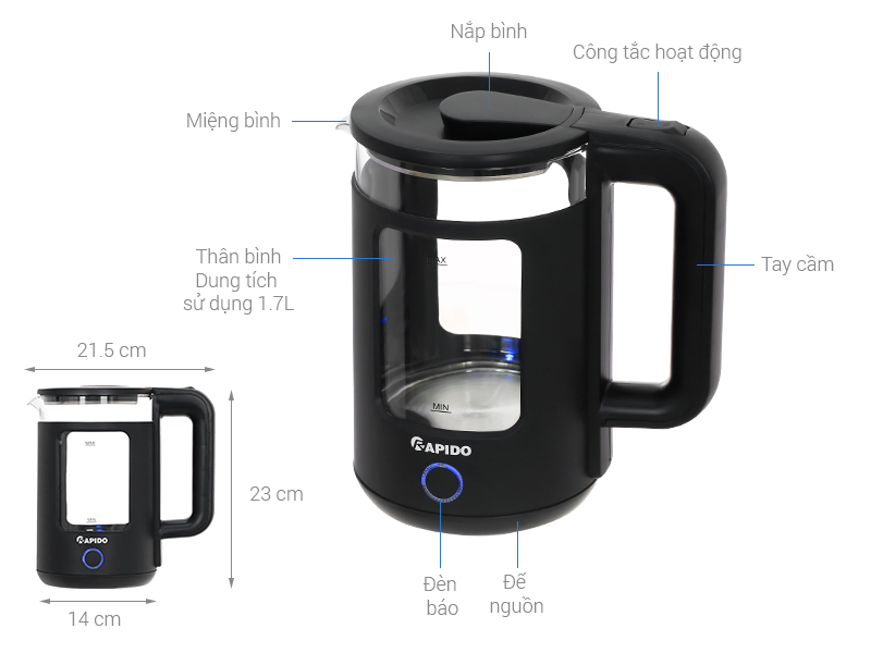 Bình đun siêu tốc Rapido 1.7 lít RK1715B