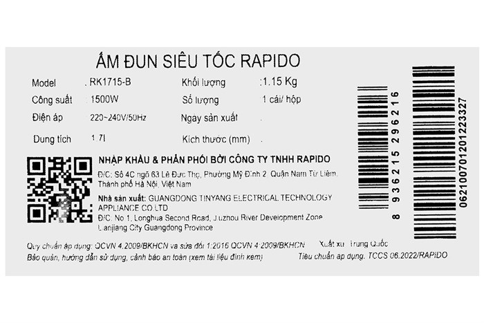 Bình đun siêu tốc Rapido 1.7 lít RK1715B Màu Đen