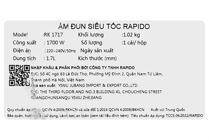 Bình đun siêu tốc Rapido 1.7 lít RK1717 Màu Xanh đen