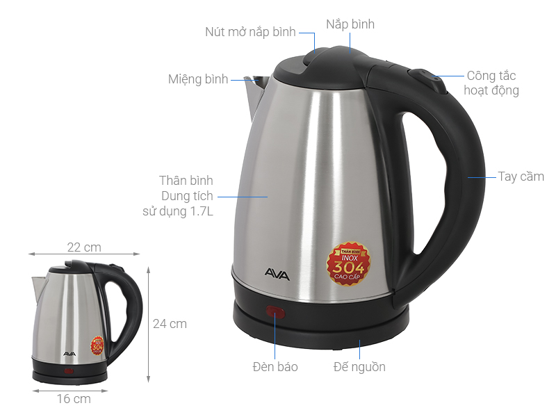 Bình đun siêu tốc AVA 1.7 lít KES4149
