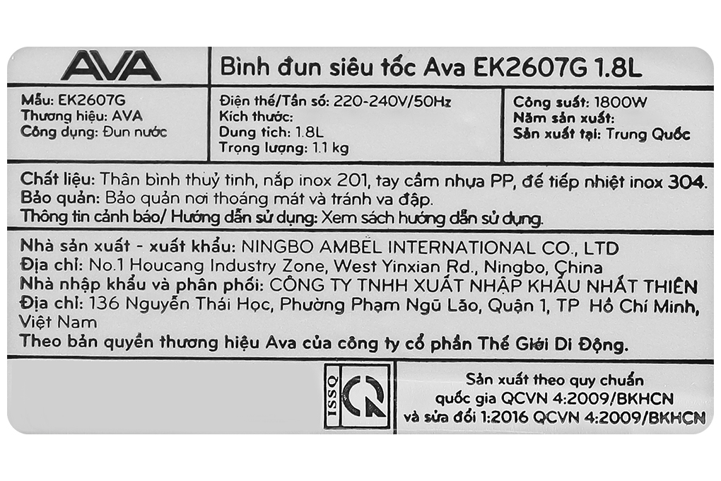 Bình đun siêu tốc AVA 1.8 lít EK2607G Màu Trắng - Bạc