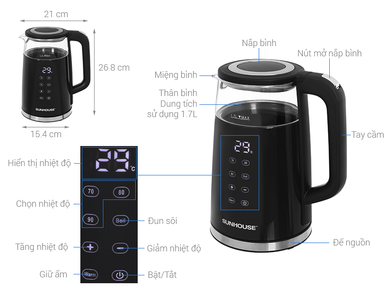 Bình đun siêu tốc Sunhouse Mama 1.7 lít SHD1333