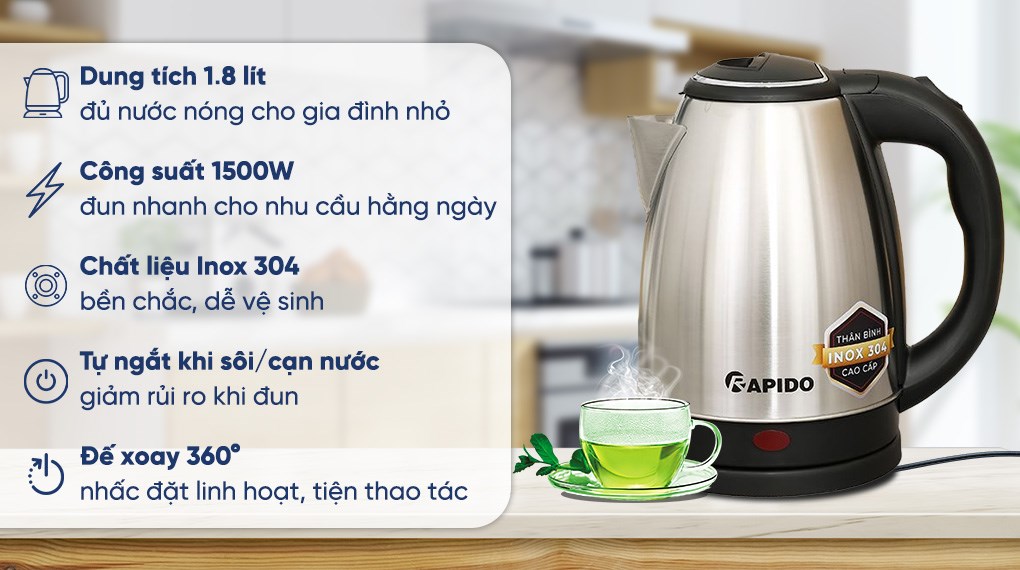 Ấm đun siêu tốc Rapido 1.8 lít RK-1815-3