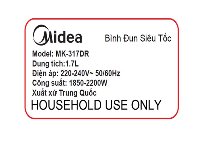 Bình đun siêu tốc Midea 1.7 lít MK-317DR Màu Đỏ đô