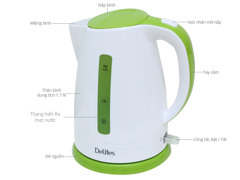 Bình siêu tốc Delites 1.7 lít ST17P01WG Xanh lá