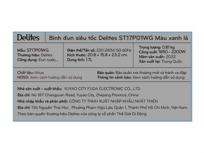 Bình đun siêu tốc Delites 1.7 lít ST17P01WG Xanh lá Màu Trắng - Xanh lá