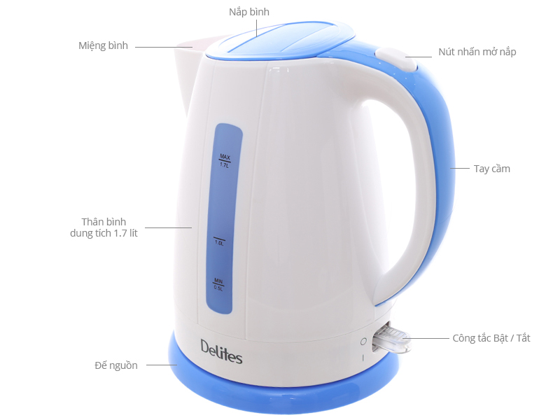 Bình siêu tốc Delites 1.7 lít ST17P01WG Màu Xanh