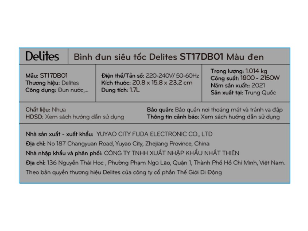 Siêu thị bình đun siêu tốc Delites 1.7 lít ST17DB01 Màu Đen