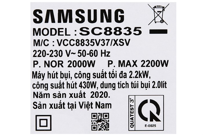 Máy hút bụi dạng hộp Samsung VCC8835V37/XSV Màu Trắng - Đen